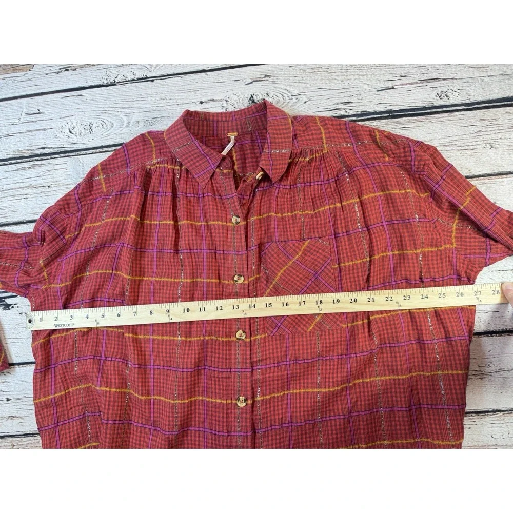Free People Break My Stride Plaid Tunic Top Size Small Red Long Sleeve Oversized